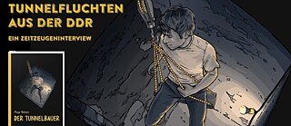 Junger Mann, der mit einem Seil in einen dunklen Tunnel hinabgelassen wird, daneben liegen eine Taschenlampe und der Buchtitel „Der Tunnelbauer“