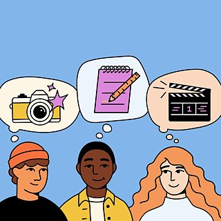 ALT text: Three people with different hairstyles and clothing stand in front of a blue background. Above them are speech bubbles with a calendar, a camera, a notepad with a pen, and a clapperboard symbol.