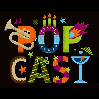 Graphic: The word 'Popcast' on beige background. 