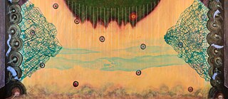 Abstract painting by Satch Hoyt featuring symmetrical net-like structures, swirling patterns, and floating circular forms.