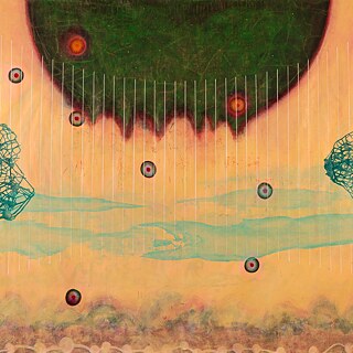 Abstract painting by Satch Hoyt featuring symmetrical net-like structures, swirling patterns, and floating circular forms.
