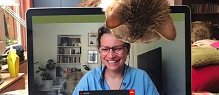 På en skærm ses en kvinde i et videopkald, en kat sidder bag skærmen og kigger nysgerrigt ned på skærmen. 