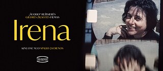 Filmvisual: Rechts ein Foto von Irena Veisaitė, oben die Aufschrift – „Šuolio“ režisierės Giedrės Žickytės filmas. Unten – in großen gelben Buchstaben IRENA, kinuose nuo spalio 24 dienos.