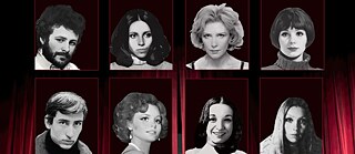 Eine Collage aus acht Schwarz-Weiß-Porträts von Schauspielerinnen und Schauspielern vor rotem Hintergrund