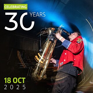 Das Bild ist in zwei Abschnitte unterteilt. Links befindet sich ein grünes und weißes Banner mit dem Text "CELEBRATING 30 YEARS" und "18 OCT 2025." Rechts interagieren drei Personen mit bunten Kunstwerken an einer Wand und spielen mit aufblasbaren Musikinstrumenten vor einem grünen Goethe-Institut-Banner.