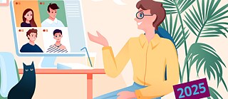 איור: גבר צעיר יושב ליד שולחן העבודה שלו ומשוחח עם אנשים בפגישת וידאו מקוונת