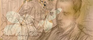 Im Hintergrund eine Porträtzeichnung des Dichters Rainer Maria Rilke von Leonid Pasternak.