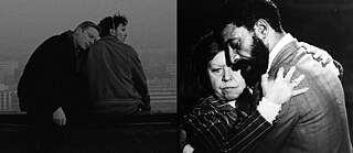 Til venstre på billedet læner en mand hovedet mod ryggen af en anden mand, til højre på billedet omfavner en kvinde en mand.