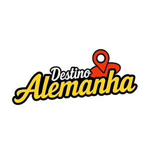 Logo do evento 'Destino Alemanha' em um fundo branco. Uma tipografia em branco e amarelo com um marcador de mapa vermelho no final da palavra 'Alemanha'