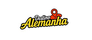 Logo do evento 'Destino Alemanha' em um fundo branco. Uma tipografia em branco e amarelo com um marcador de mapa vermelho no final da palavra 'Alemanha'