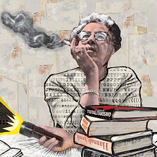 Illustration von Hannah Arendt, die mit einer Taschenlampe eine Karte Lateinamerikas beleuchtet. 