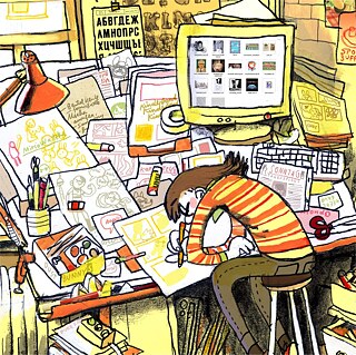 Zeichnung von einem Comiczeichner am Schreibtisch