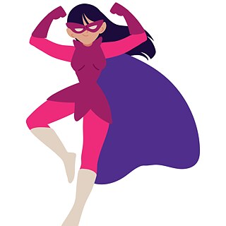 Drawing of a female superhero. She wears a pink mask and has long black hair and a purple cape.