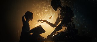 Ein Kind mit einem Buch sitzt einem Roboter in leuchtender, futuristischer Umgebung gegenüber.