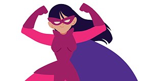 Drawing of a female superhero. She wears a pink mask and has long black hair and a purple cape.