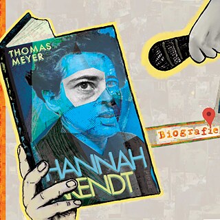 Eine Illustration mit Hannah Arendts Biografie im Vordergrund. 