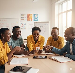 Five students are sitting at a table and working on various documents.  They are cheerful and laughing.