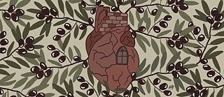 An illustration of a heart with a house built into it, surrounded by olive branches.
