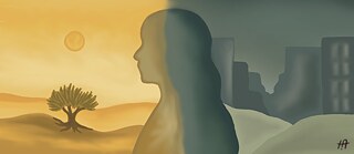 A woman is divided. On the left, bright colors, in the background, a tree and the sun. On the right, a gray and destroyed city.
