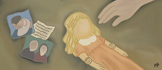 Color illustration: A blonde doll in the center, family photos to her left, a hand reaching for the doll from the right.