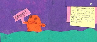 Ein aus Filz gefertigtes Bild mit einem Fisch, einem Stop-Schild, Wasser...