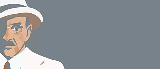 Grafik mit Porträt von Thomas Mann links auf grauem Hintergrund