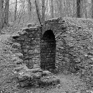 Das Schwarz-Weiß-Foto zeigt die Überreste einer alten, überwucherten Steinstruktur im Wald – ein Tor oder Gewölbeeingang, teilweise eingestürzt und von Moos bedeckt. Zwischen den kahlen Bäumen und dem Laub am Boden wirkt der Ort still und verlassen, als hätte die Natur ihn fast vollständig zurückerobert. Die Aufnahme vermittelt eine eindringliche Atmosphäre von Vergänglichkeit, Erinnerung und verborgener Geschichte