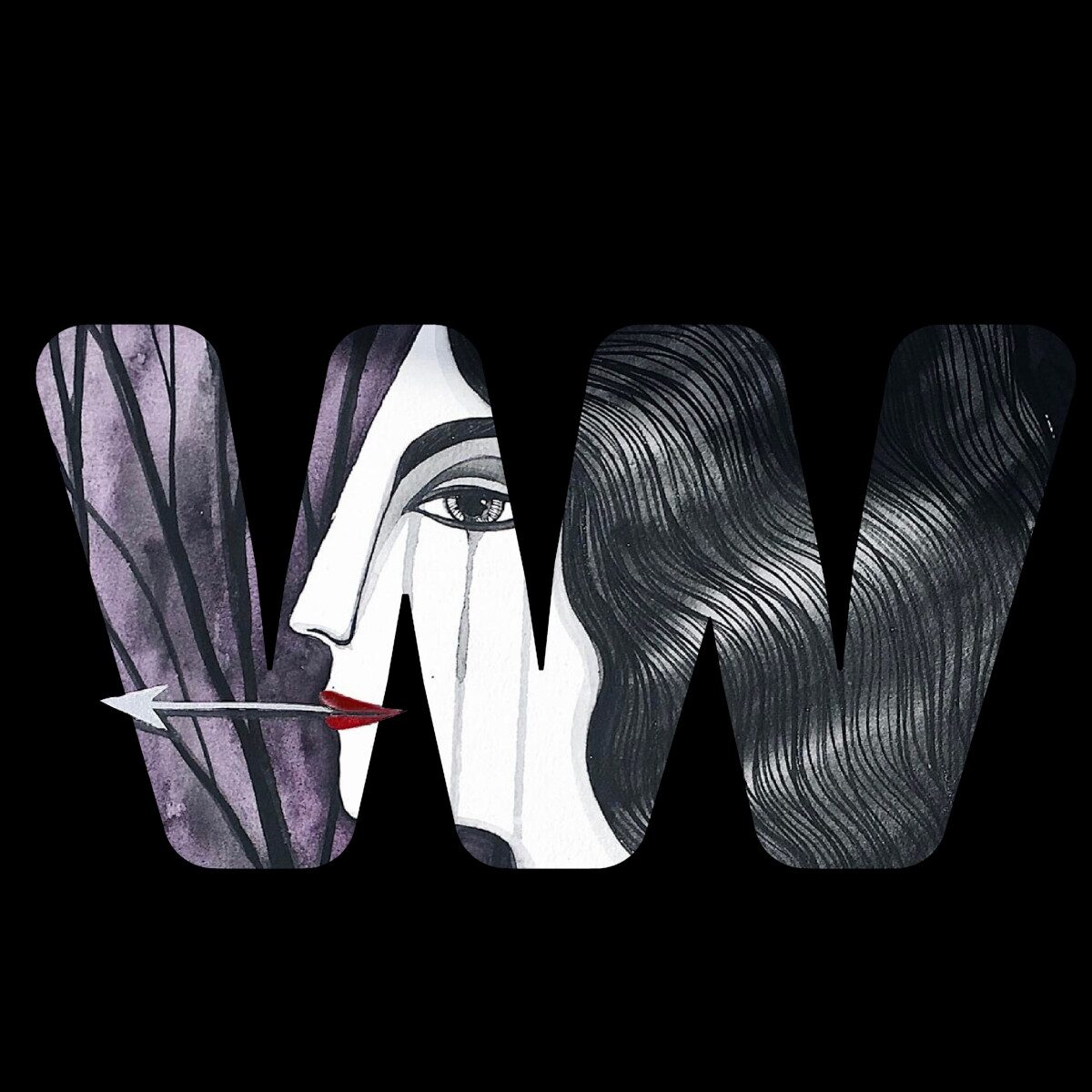 Eine Grafik, die zwei große W-Buchstaben mit der Zeichnung eines Frauenprofils verbindet.