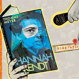 An illustration featuring Hannah Arendt's biography and several microphones in the foreground. 