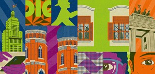 Colagem colorida com elementos arquitetônicos de São Paulo e da Alemanha e humanos: edificio banespa, padrão geométrico com letras "DER", silhueta de pessoa caminhando, torres de tijolos vermelhos, janelas do Goethe-Institut São Paulo, parte do Portão de Brandemburgo, mãos segurando um smartphone, olhos em diferentes cores.