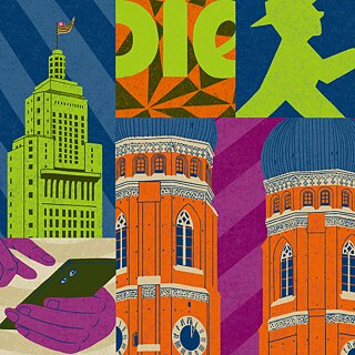 Colagem colorida com elementos arquitetônicos de São Paulo e da Alemanha e humanos: edificio banespa, padrão geométrico com letras "DER", silhueta de pessoa caminhando, torres de tijolos vermelhos, janelas do Goethe-Institut São Paulo, parte do Portão de Brandemburgo, mãos segurando um smartphone, olhos em diferentes cores.