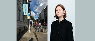 Left image: Street scene with Berlin Biennale sign, right image: Portrait of Meghan Clare Considine