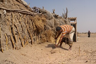 الساحل الغربي - اليمن; حياة على الساحل: مهيوب يجرف الرمال بشكل دوري من جوار منزله.