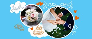 A collage with pictures of wedding elements. A photo of a wedding bouquet. Next to it, a photo of a bride putting a wedding ring on her groom's finger.