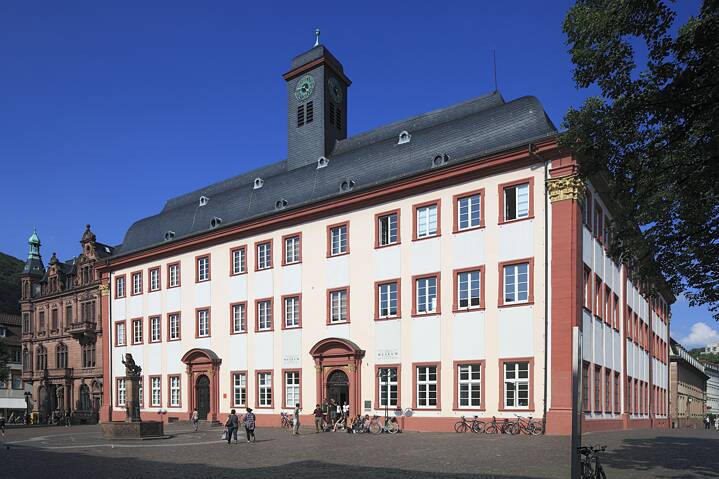 View from University Square of the Baroque building of Ruprecht Karls University in Heidelberg's old town