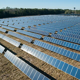 A large solar farm with multiple rows of solar panels installed on a grassy field, capturing sunlight for renewable energy generation.