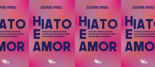 Capa do livro 'Hiato e Amor' da Editora Malê. Fundo rosa com o título em azul.