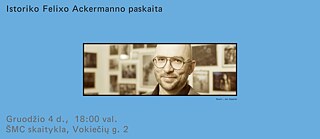 Visual für den Vortrag, den Historiker Felix Ackermann hält, sein Foto im Bild.