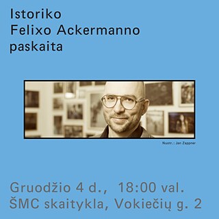 Visual für den Vortrag, den Historiker Felix Ackermann hält, sein Foto im Bild.