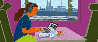 Imagem promocional dos cursos de alemão do Goethe-Institut Brasil. Galeria de arte com paredes verdes e piso cinza, onde várias pessoas observam e interagem com as obras. À esquerda, quatro pessoas examinam atentamente uma pintura. No centro, uma pessoa caminha lendo um livro. À direita, outra pessoa está sentada em um banco usando um laptop. As paredes exibem pinturas variadas, incluindo imagens de aviões e arte abstrata. Ao fundo, uma porta aberta leva a outra sala