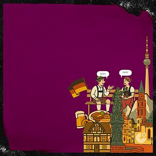 Illustration with German cultural theme: Two people in traditional attire sit at a table, both saying “hallo!”. On the table are a beer and a plate of food. In the background are German landmarks such as half-timbered houses, a statue, a church, and the Berlin TV tower. A German flag is on the left, and the background is dark red.