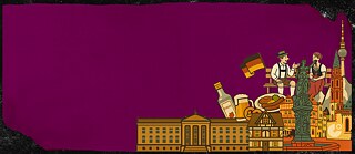 Illustration featuring German cultural elements on a purple background: landmarks such as the Berlin TV Tower and half-timbered houses, a German flag, beer mug, schnapps bottle, and a plate with sausages and sides. Two people in traditional attire sit on a bench next to a statue.