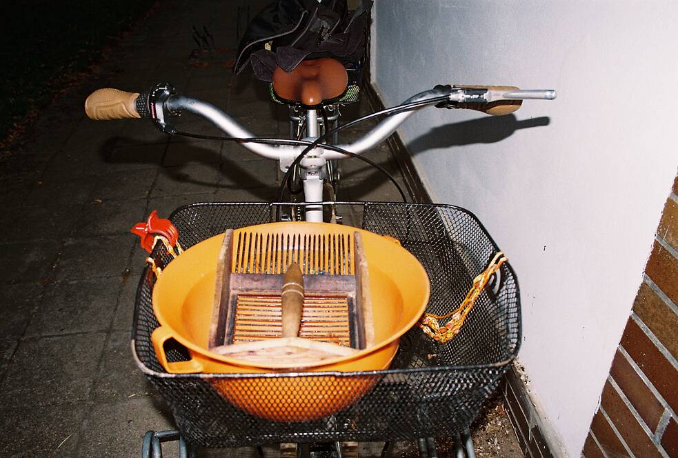 Am Morgen vor der Ernte. Kamm und Gefäß für die Blaubeeren.