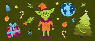 Illustration with Christmas-themed elements on a green background: In the center stands a green elf wearing an orange outfit and hat. Surrounding the elf are a decorated Christmas tree, a gift, candy canes, stars, baubles, snowflakes, a snowman, a branch with berries, and the Earth.