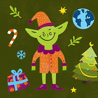 Illustration auf grünem Hintergrund: Ein grüner Wichtel mit orangefarbenem Outfit und Mütze steht in der Mitte. Um ihn herum sind weihnachtliche Motive wie ein geschmückter Weihnachtsbaum, ein Geschenk, eine Zuckerstange, Sterne, eine Schneeflocke, Zweige und die Erde.