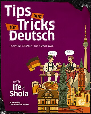 Illustration with German cultural theme: Two people in traditional attire sit at a table, both saying “hallo!”. On the table are a beer and a plate of food. In the background are German landmarks such as half-timbered houses, a statue, a church, and the Berlin TV tower. A German flag is on the left, and the background is dark red.