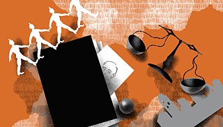 Колаж: паспорт, книга, паперові фигурки чоловічків, терези, контур міста 