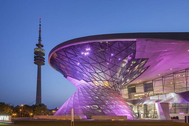 BMW World with Olympic Tower in Munich's Olympic Park
