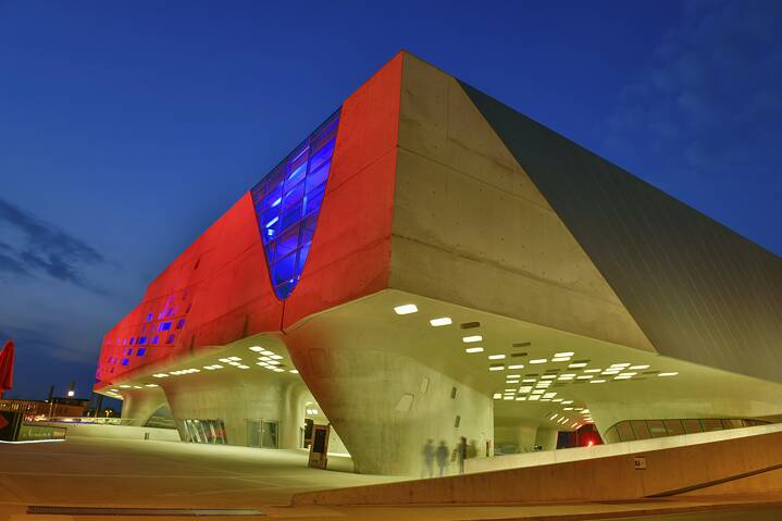 The Phaeno Museum and Science Centre in Wolfsburg, atmospherically illuminated