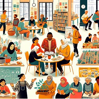Dessin : des personnes d'origines différentes dans une bibliothèque en train de faire du jardinage, de la musique et de la cuisine